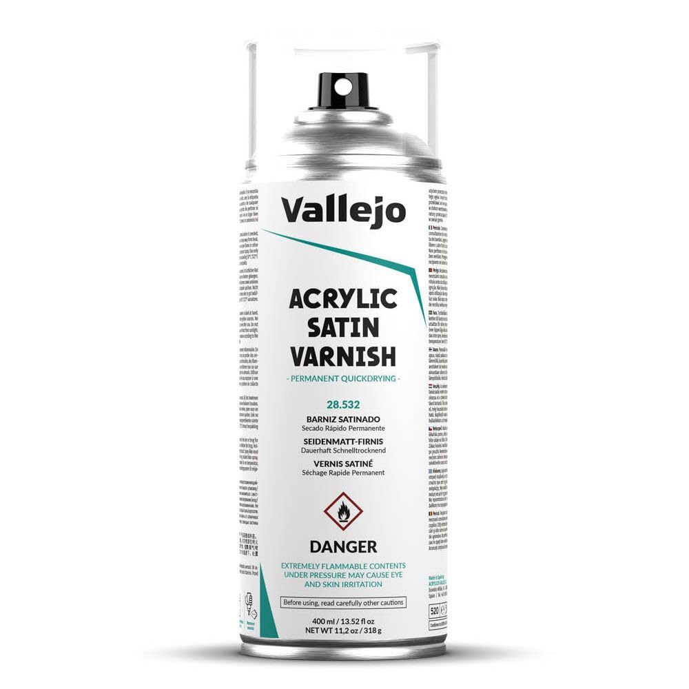 Vallejo Acrylic Satin Varnish Spray applied at 40 cm distance for a smooth, durable finish.