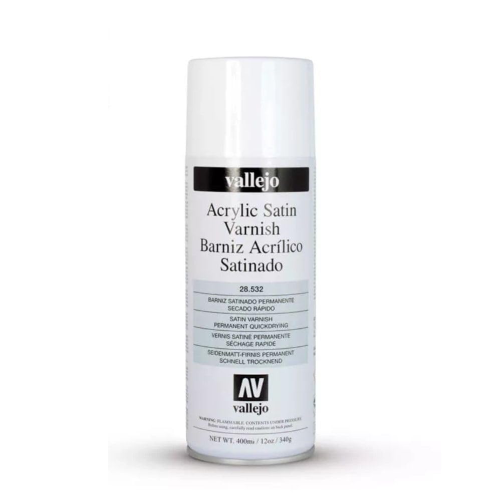 Vallejo Satin Varnish Spray dries into a flexible, scratch-resistant layer on canvas or wood.