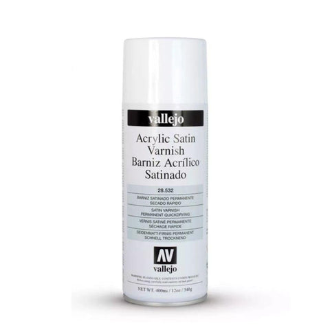 Vallejo Satin Varnish Spray dries into a flexible, scratch-resistant layer on canvas or wood.
