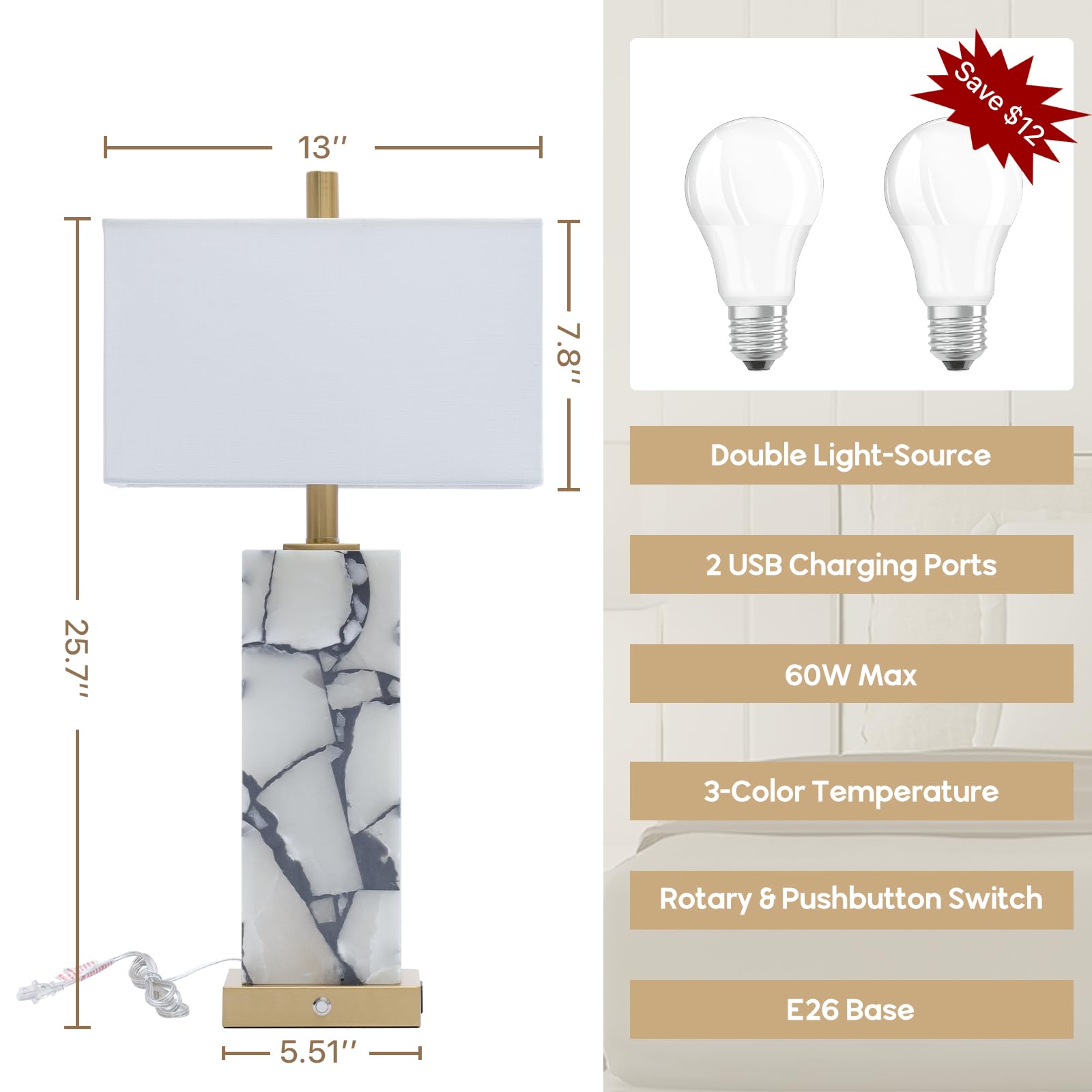 Vallerico alabaster lamp base doubles as night-light in a bedroom setting