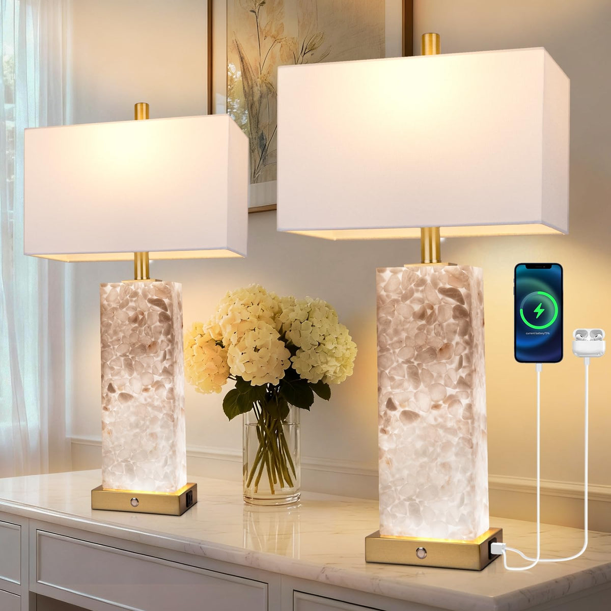 Vallerico alabaster lamps set 2 with marble base for elegant ambient lighting.