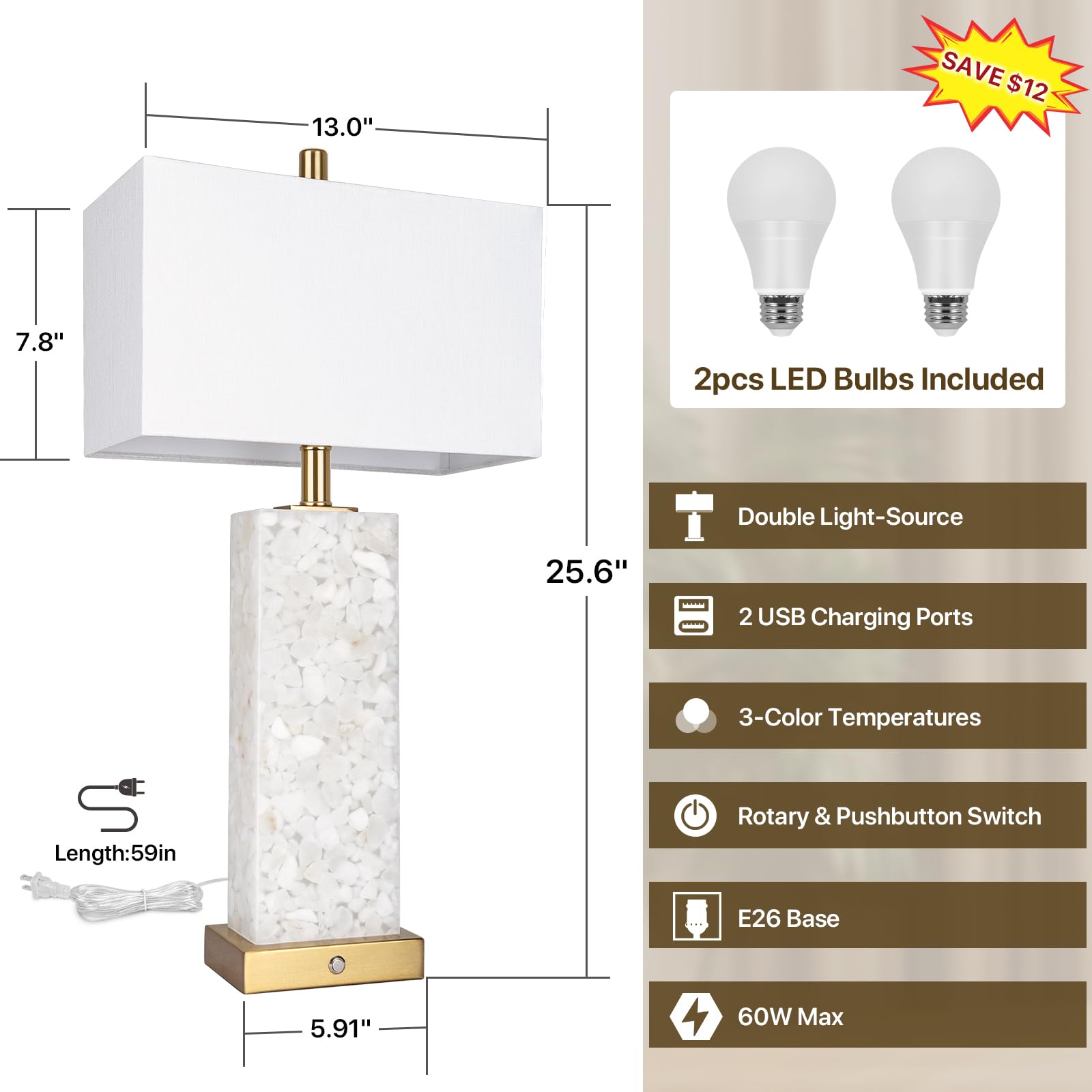 Vallerico bedside lamp dual light system ideal for living room or bedroom setups.