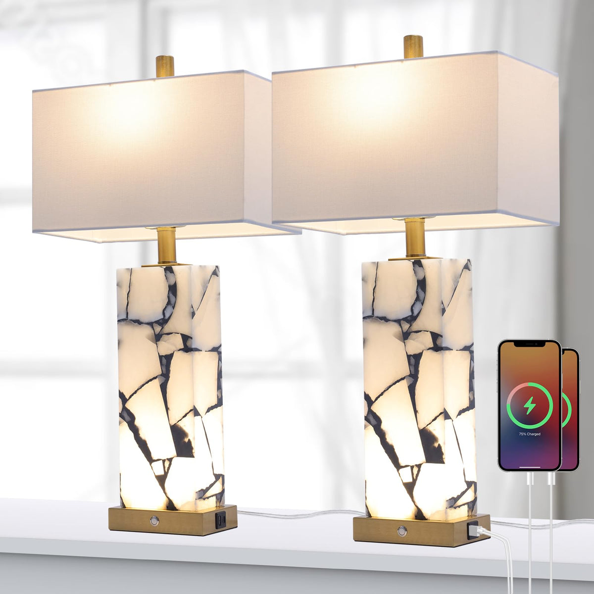 Vallerico natural marble table lamps set of 2 with distinctive veining and premium finish