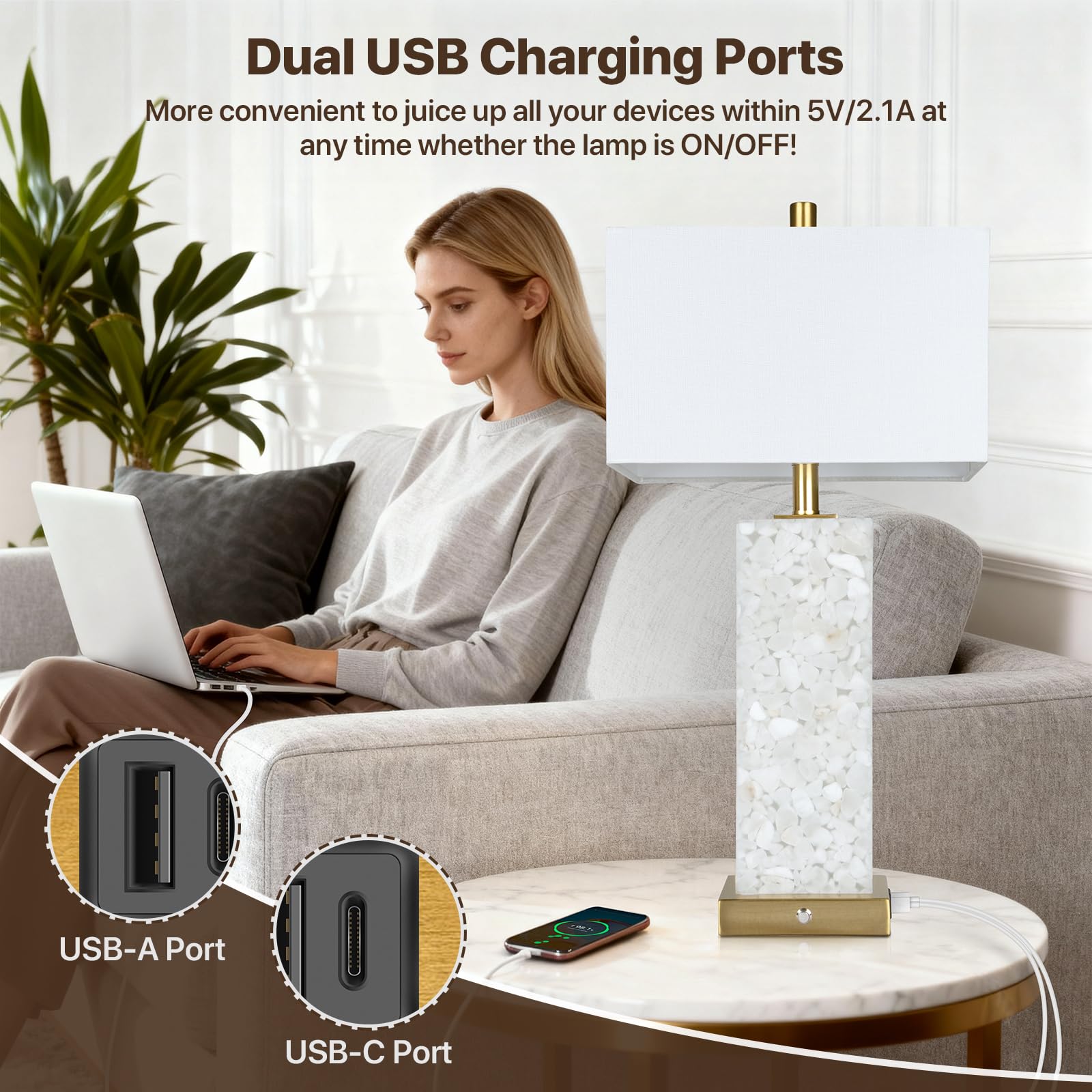 Vallerico USB ports on lamp base keep devices charged from bedside.