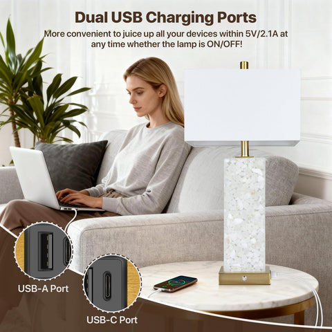 Vallerico USB ports on lamp base keep devices charged from bedside.