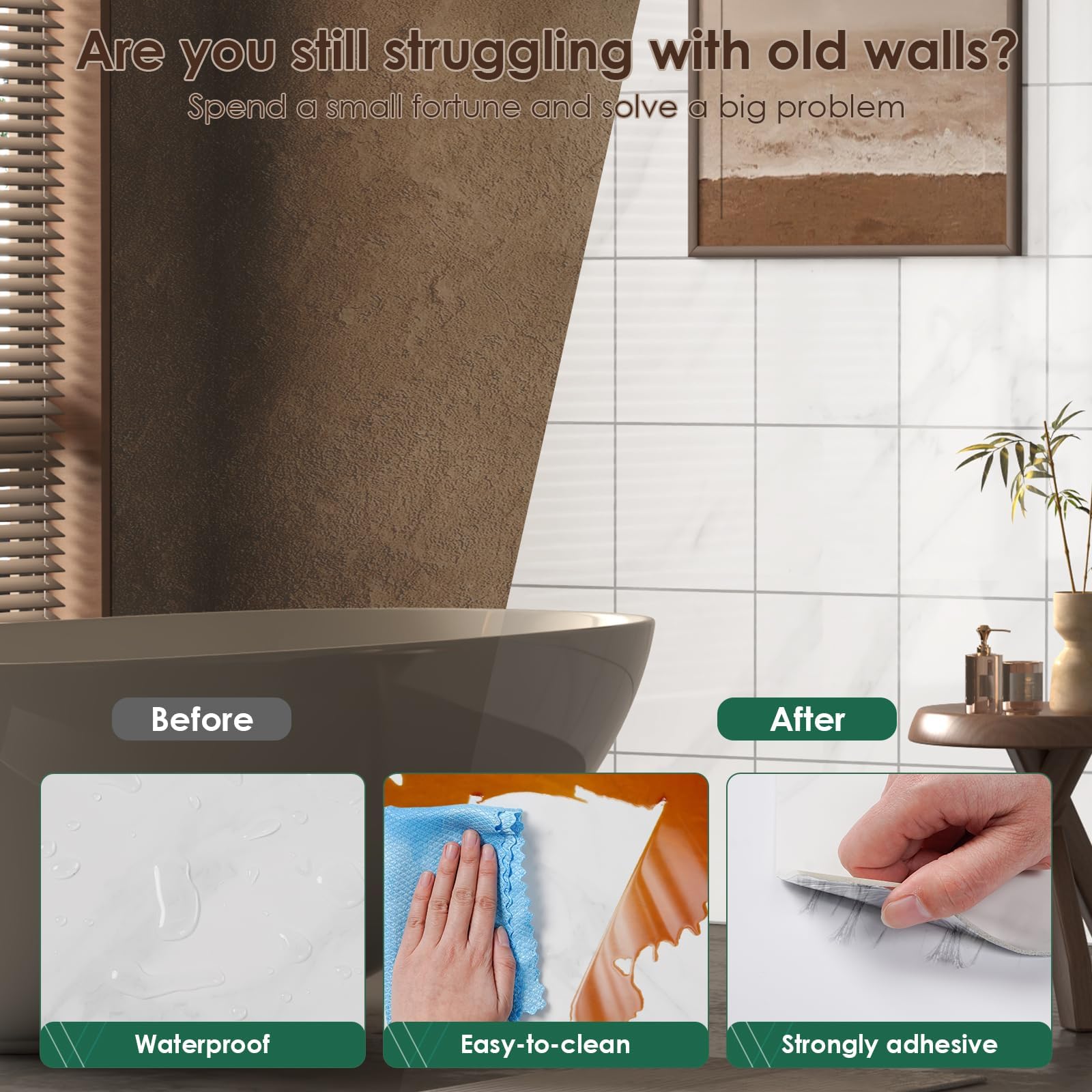 VallisCo installation guide panel demonstrating simple peel-and-stick application.