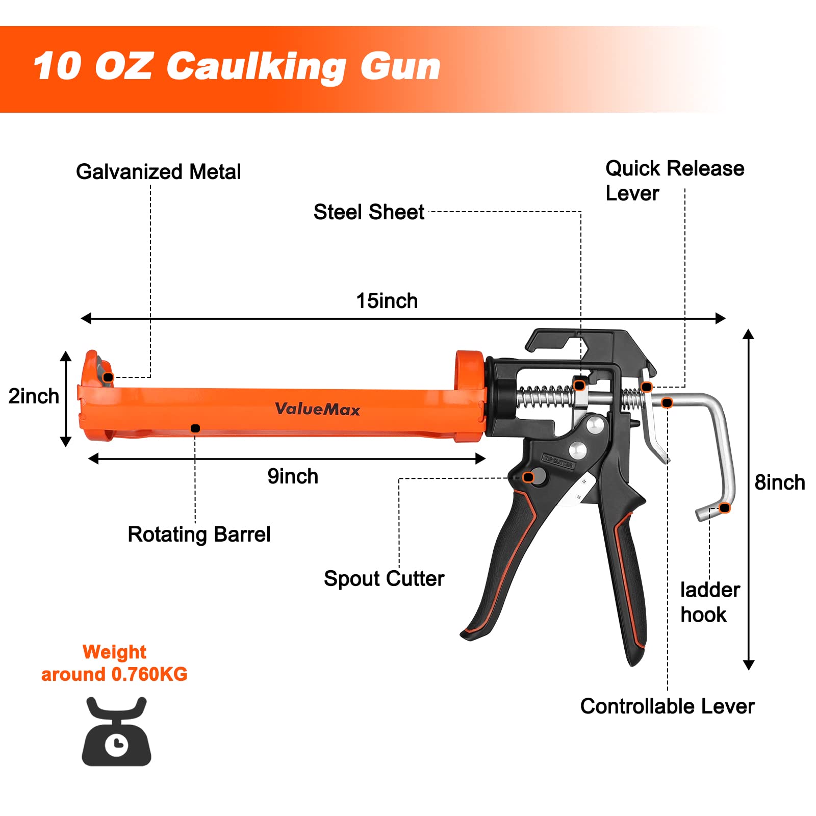 ValueMax caulk gun built in spout cutter enables direct nozzle cutting