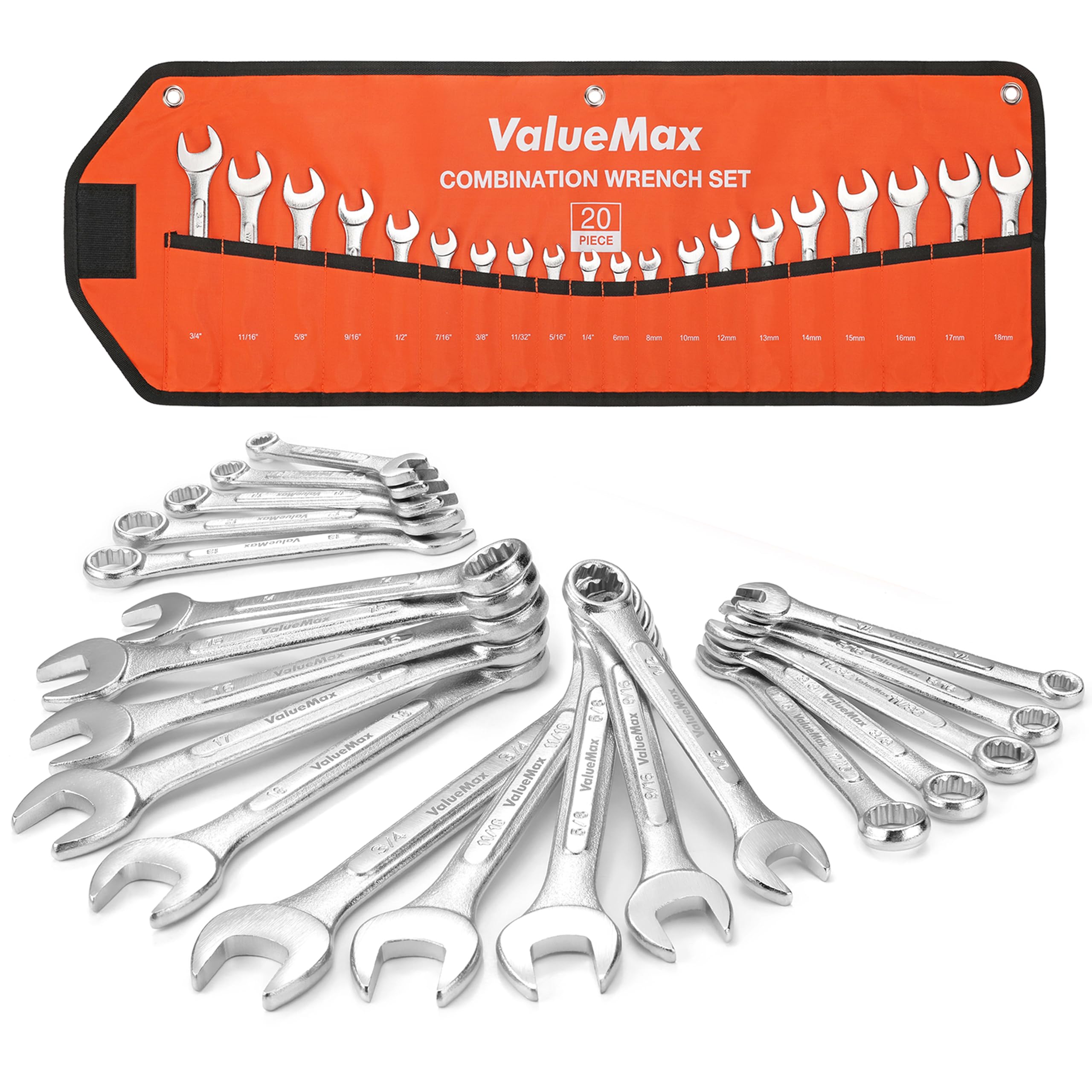 ValueMax Mechanics Wrench Set with roll pouch for organized storage and quick access.