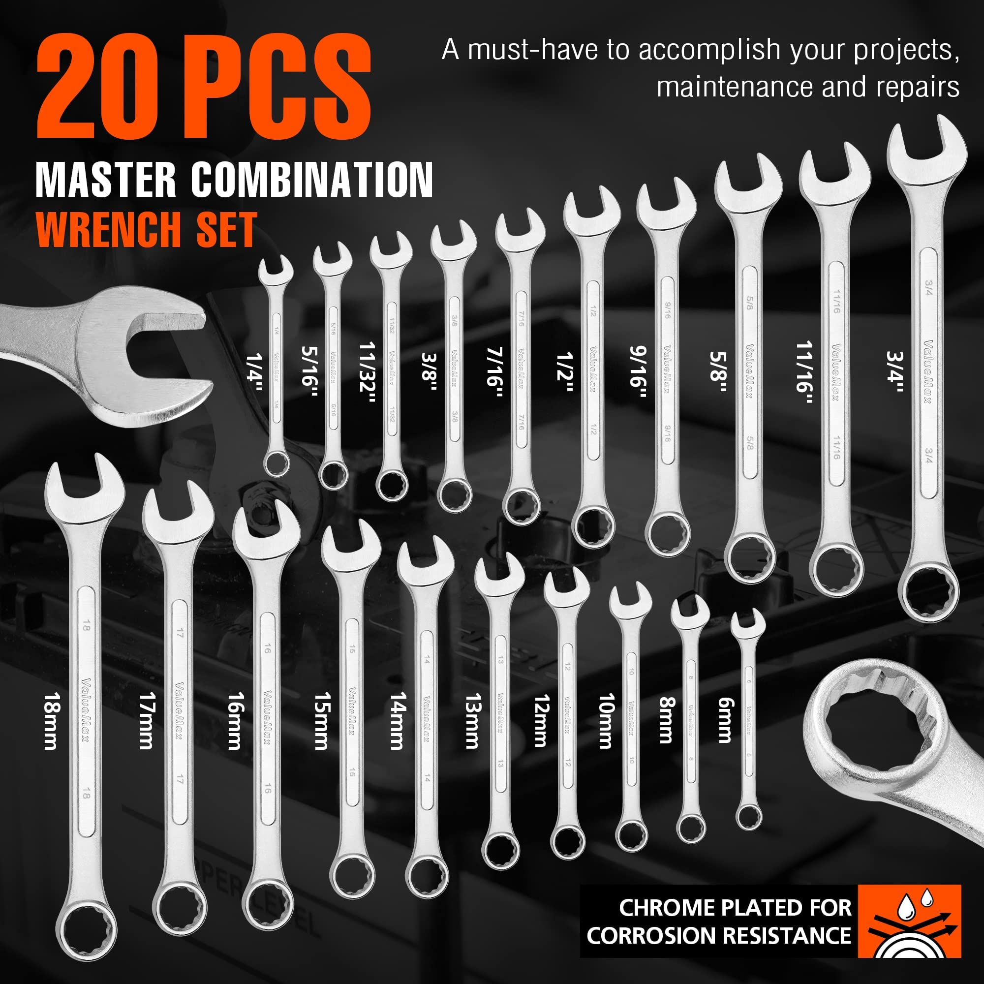 ValueMax wrenches SAE to metric range for versatile automotive and DIY projects.
