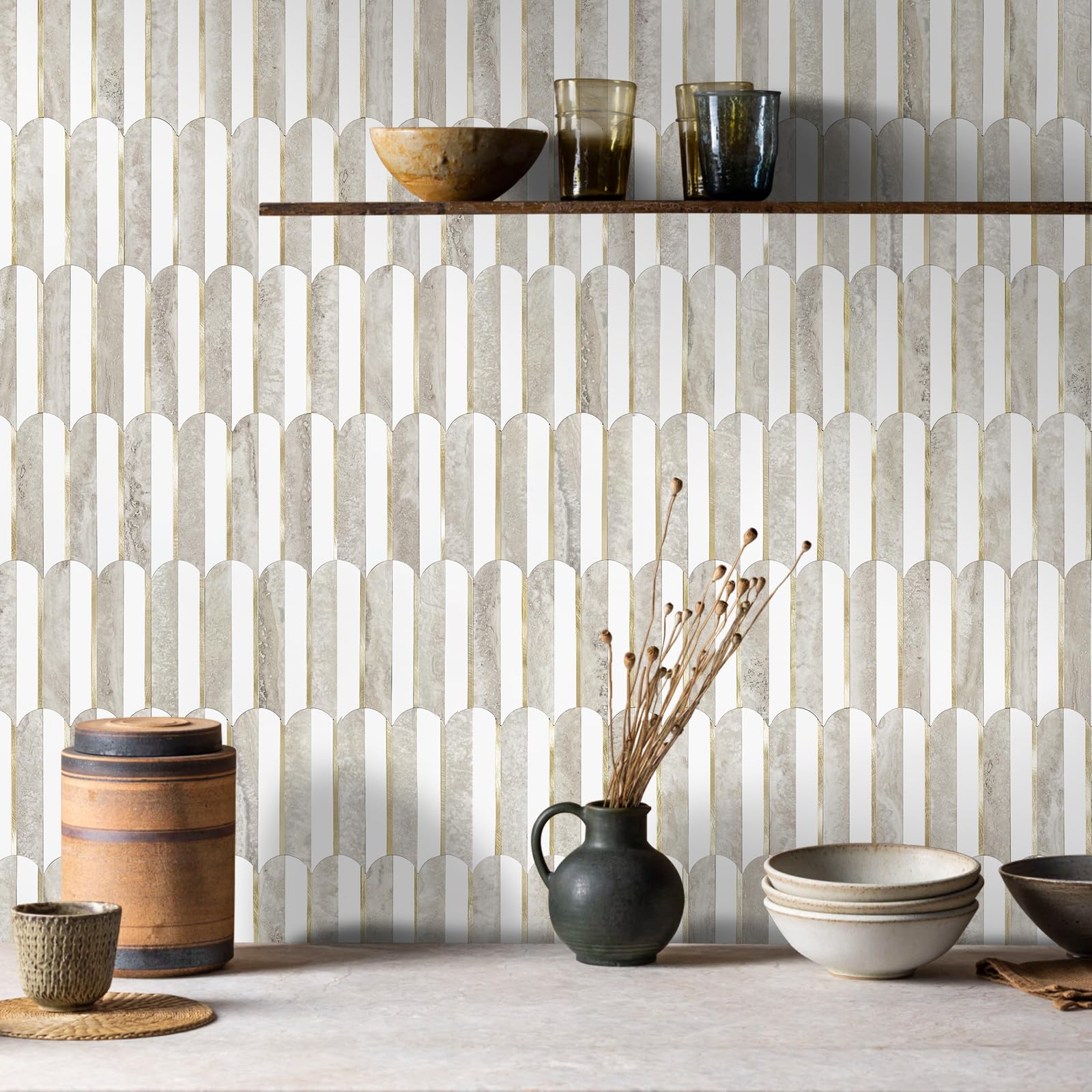 Vamos Peel and Stick tile in white-beige slate close-up showing durable, easy-to-clean texture.