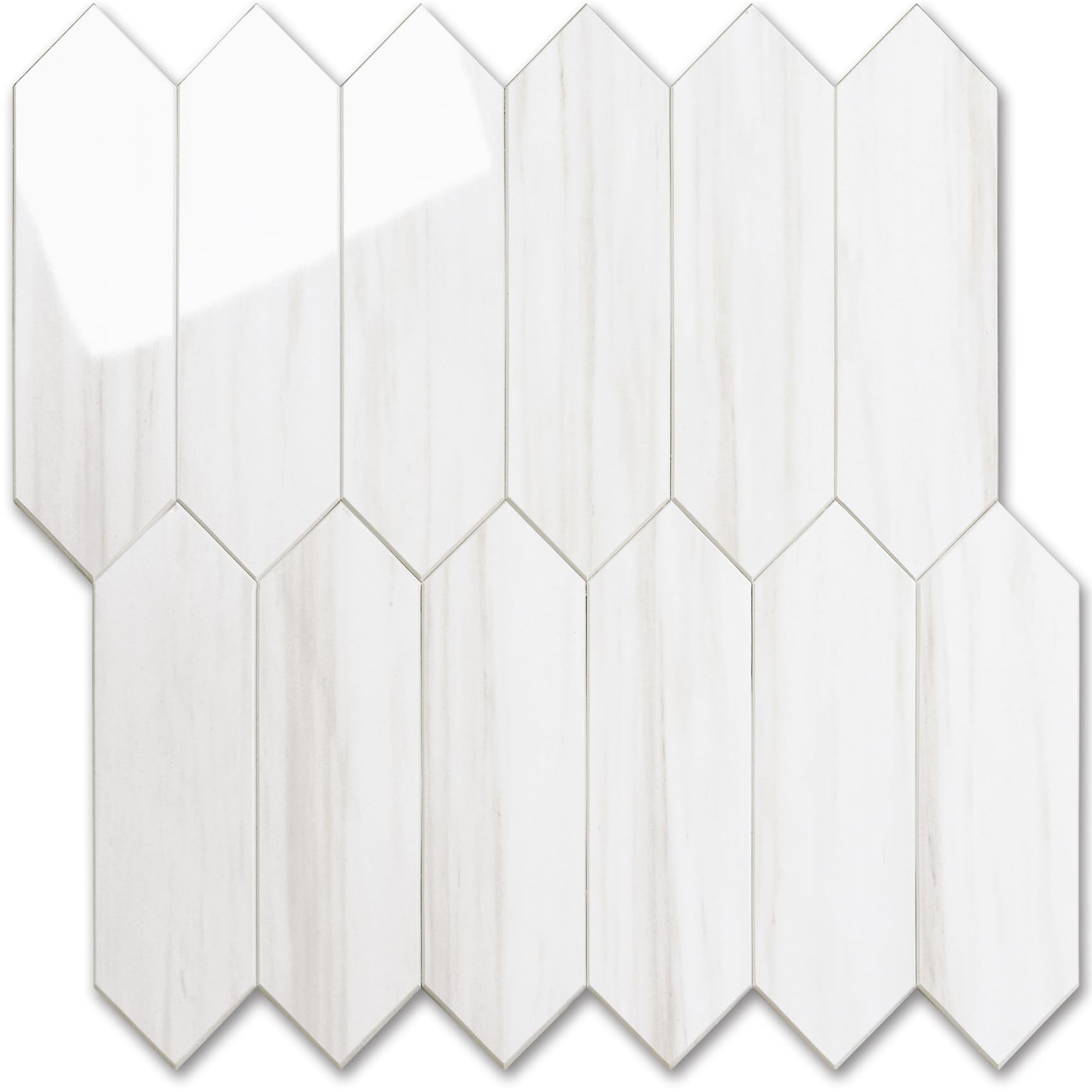 Vamos Tile glossy dolomite white hexagon backsplash enhances kitchen aesthetics and light reflection.