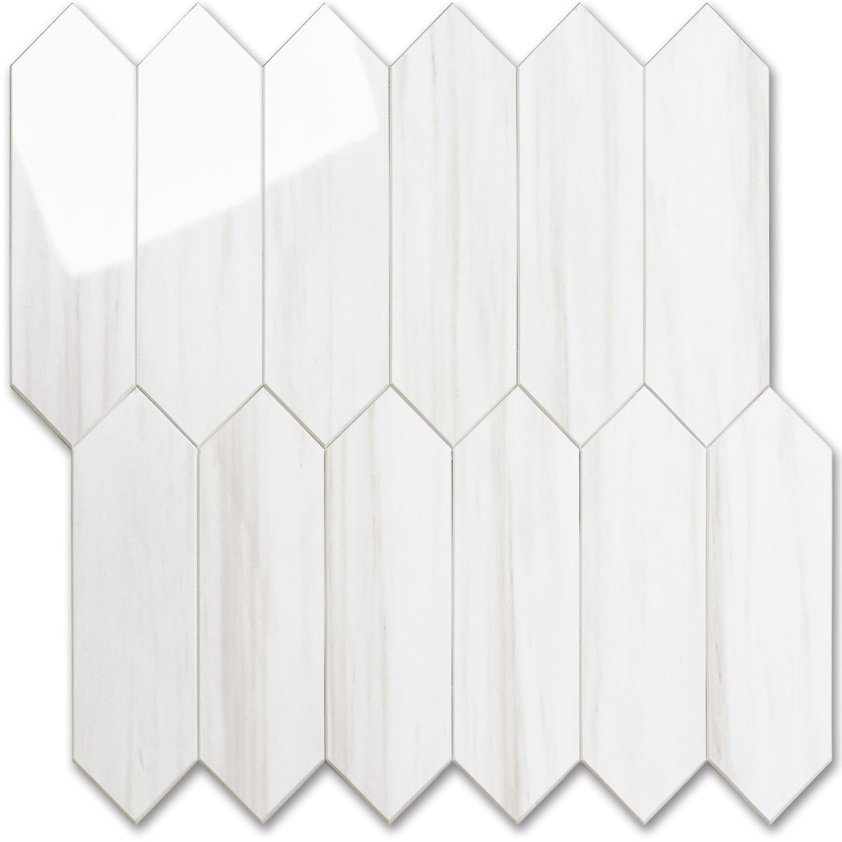 Vamos Tile glossy dolomite white hexagon backsplash enhances kitchen aesthetics and light reflection.