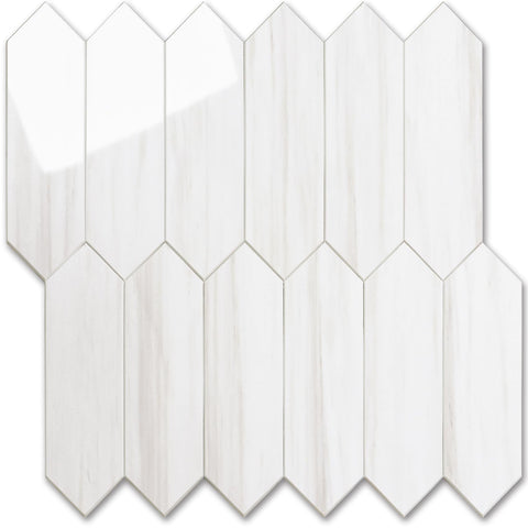 Vamos Tile glossy dolomite white hexagon backsplash enhances kitchen aesthetics and light reflection.