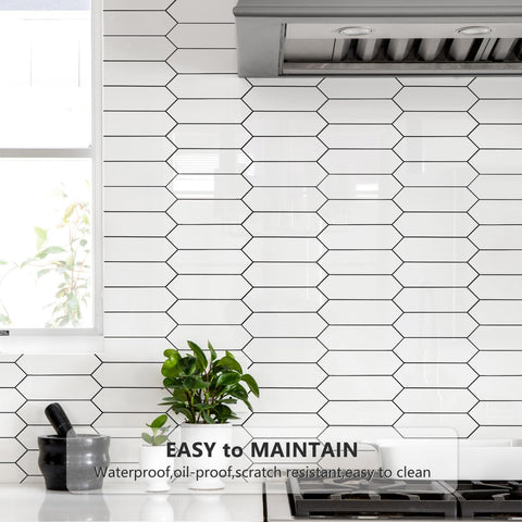 Vamos Tile glossy white hexagon backsplash tile ideal behind stoves for easy upkeep.