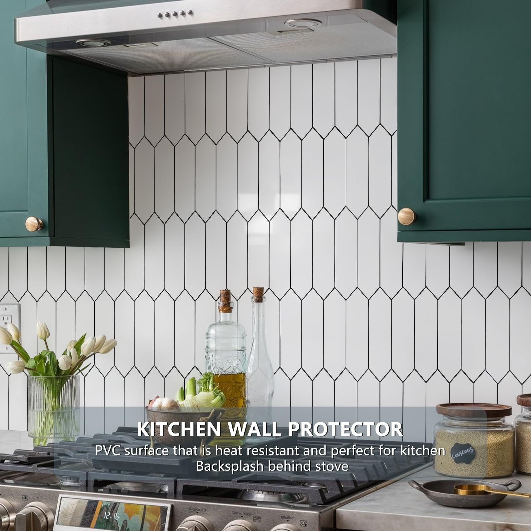 Vamos Tile glossy white hexagon backsplash provides modern shine for kitchens.