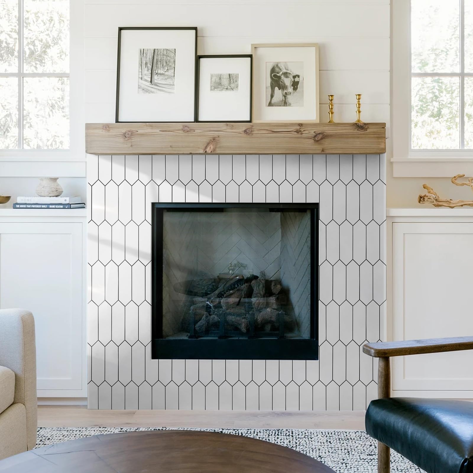 Vamos Tile glossy white hexagon backsplash covers about ten square feet.