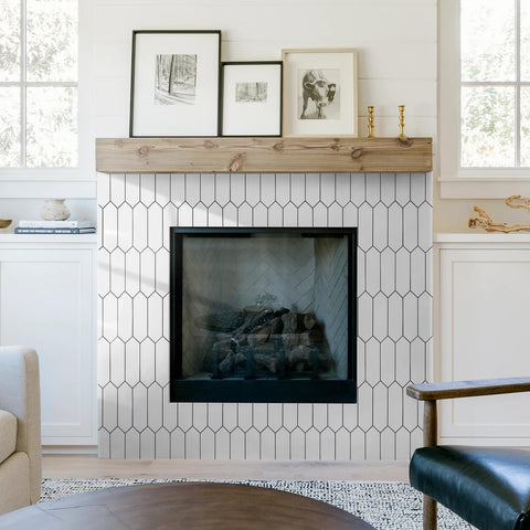 Vamos Tile glossy white hexagon backsplash covers about ten square feet.