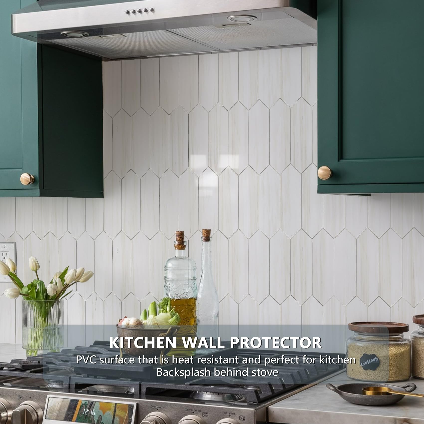 Vamos Tile hexagon pattern white tiles provide a durable, waterproof backsplash surface.