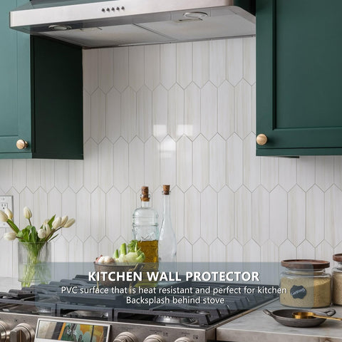 Vamos Tile hexagon pattern white tiles provide a durable, waterproof backsplash surface.