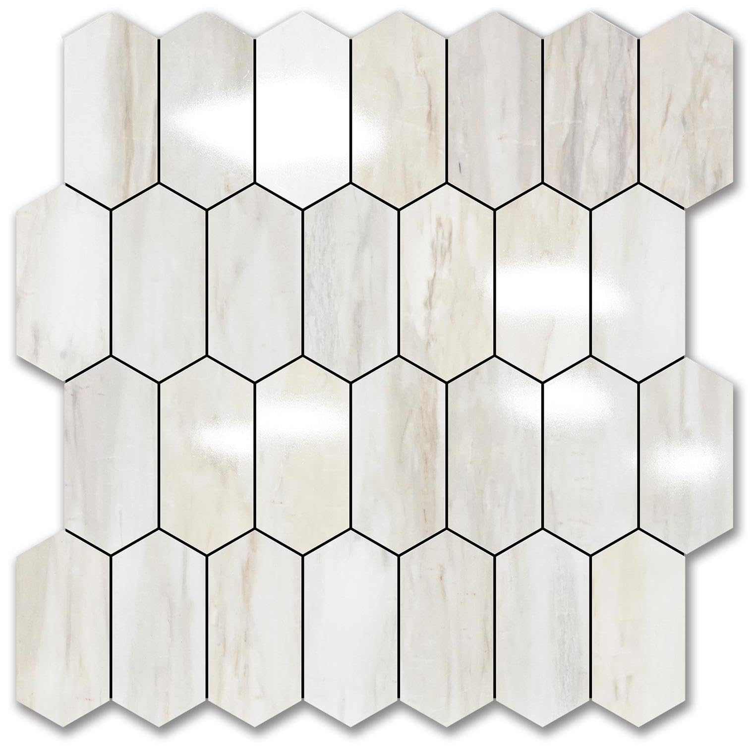 Vamos Tile long hexagon backsplash in glossy wood grain close-up showing premium finish.