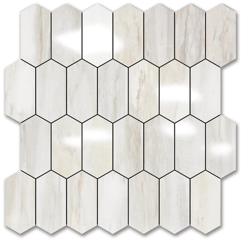 Vamos Tile long hexagon backsplash in glossy wood grain close-up showing premium finish.