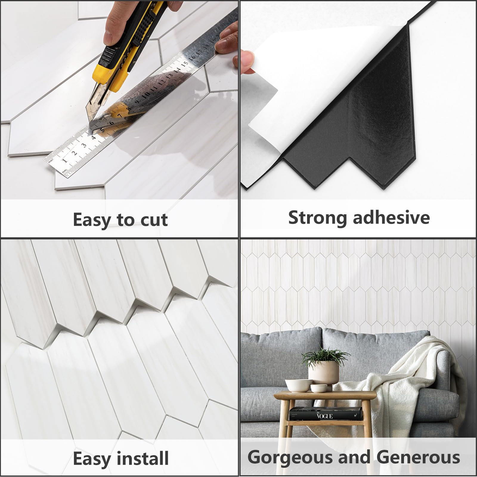 Vamos Tile long hexagon sheets cover about ten square feet when installed.