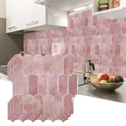 Vamos Tile pink 10-sheet backsplash close-up showing adhesive-backed design for easy installation