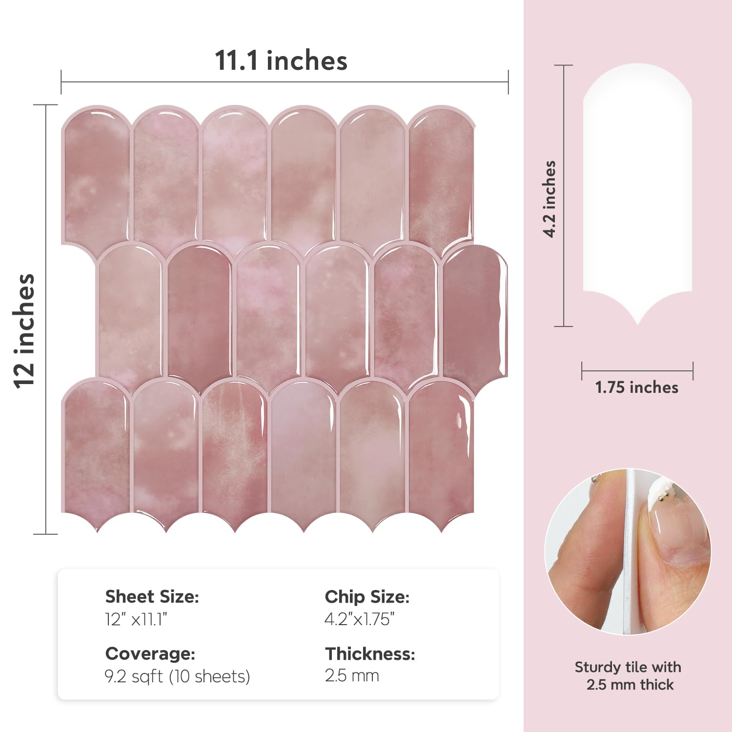Vamos Tile pink backsplash close-up shows heat-resistant vinyl for kitchens