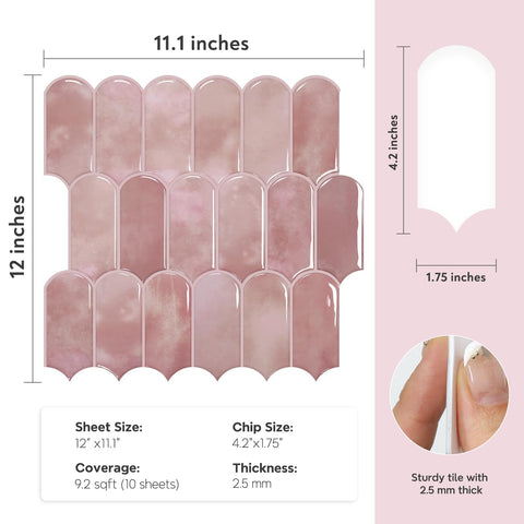 Vamos Tile pink backsplash close-up shows heat-resistant vinyl for kitchens