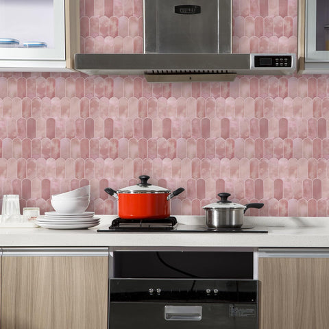 Vamos Tile pink backsplash in shower area demonstrates durable vinyl surface