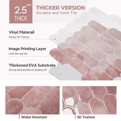 Vamos Tile pink backsplash wall detail emphasizes water resistance for bathrooms