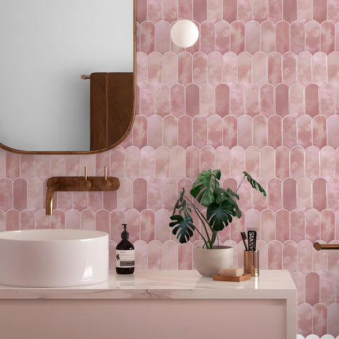 Vamos Tile pink peel-and-stick kitchen view highlights quick updating option