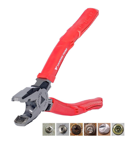Vampliers 8-inch stripped screw extractor linesman pliers in action, highlighting time-saving design.