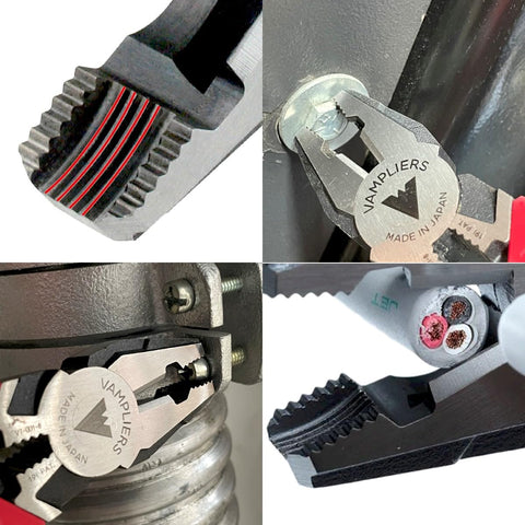 Close-up of Vampliers high-carbon Japanese steel jaws for durability.