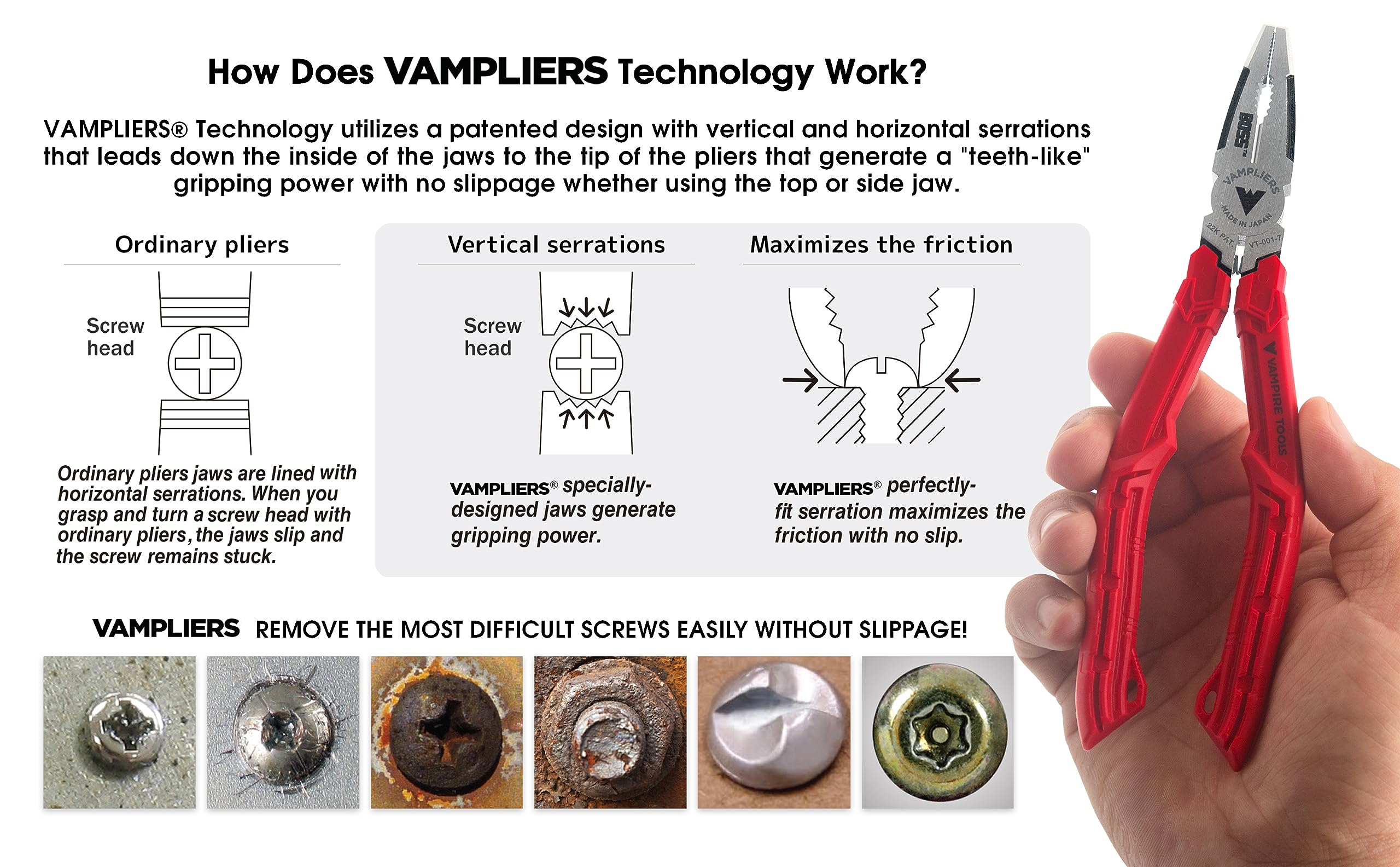 Vampliers provide secure grip action to extract stubborn fasteners efficiently.