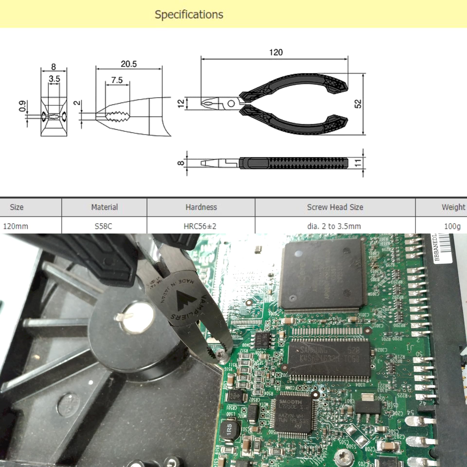 High-carbon Japanese steel jaws provide strong grip on small fasteners