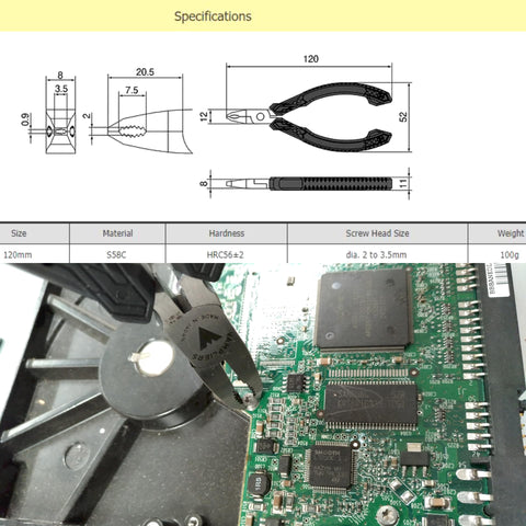 High-carbon Japanese steel jaws provide strong grip on small fasteners