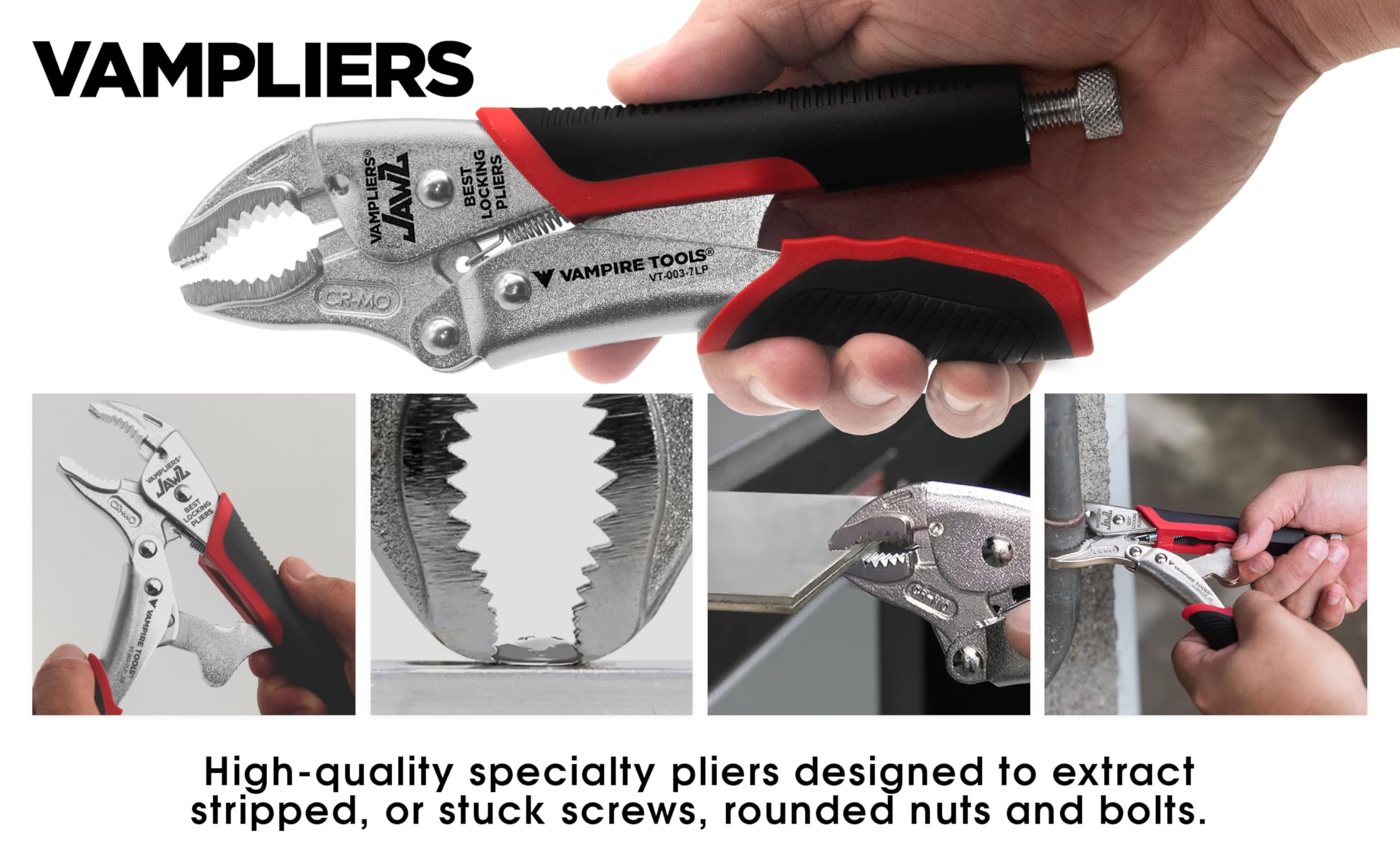 Screw head removal range shown by Vampliers 7.5in pliers