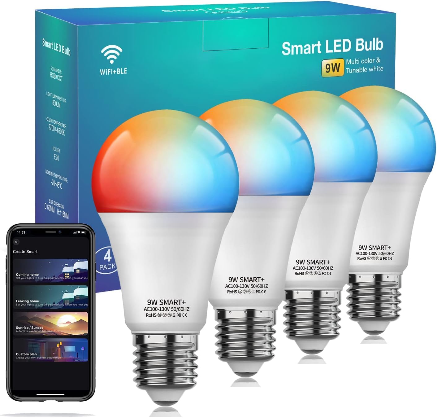 Vanance smart light bulbs in living room showing vibrant color options for mood lighting