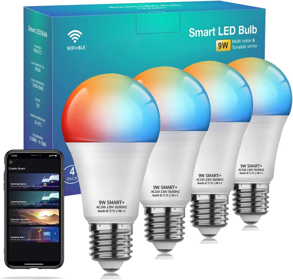 Vanance smart light bulbs in living room showing vibrant color options for mood lighting
