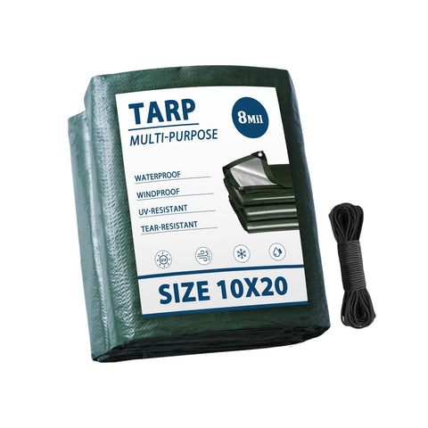 Vandham Tarp Waterproof 10x20 green protects gear outdoors in rain and sun.