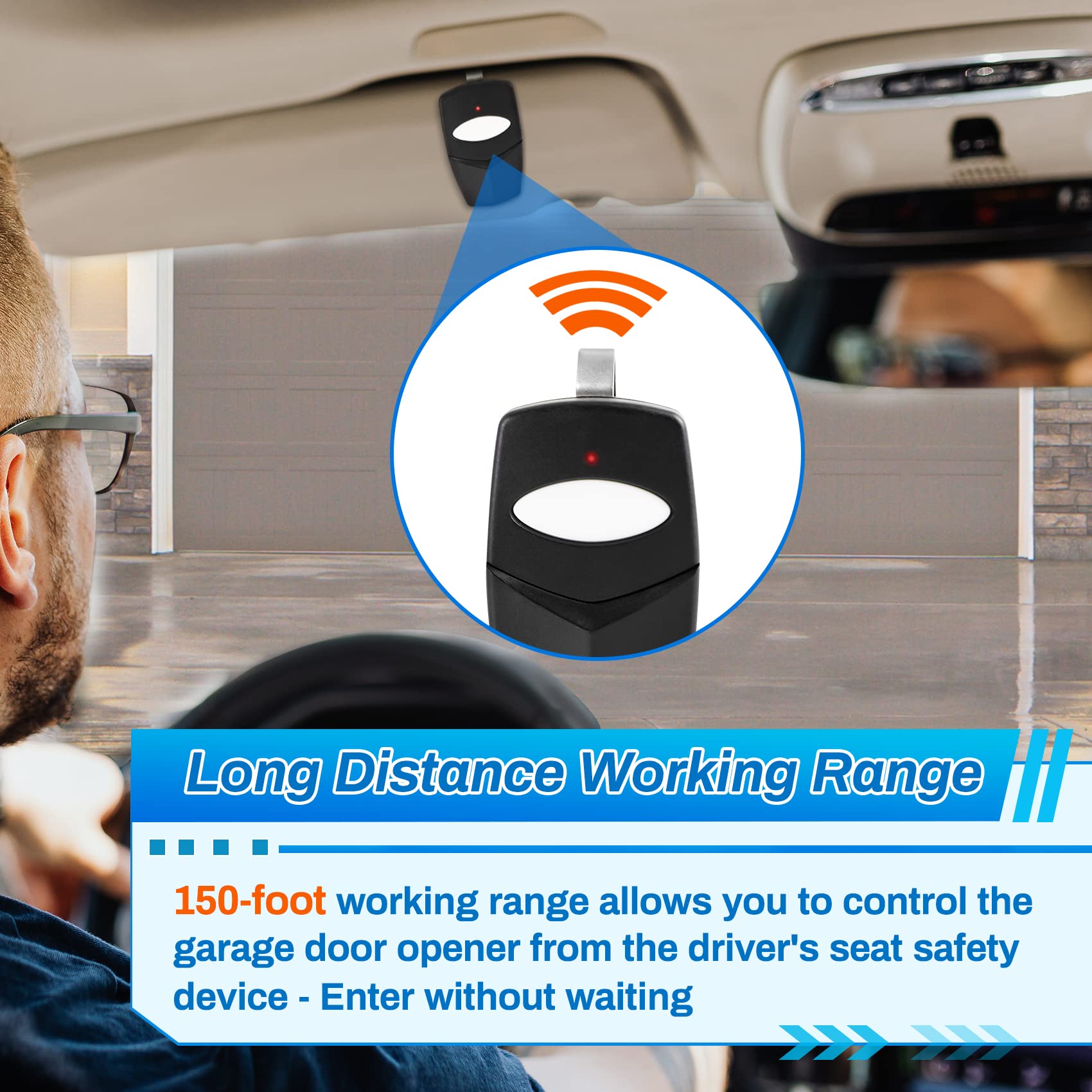 Vanesa remote with visor clip enables quick one-touch garage access.