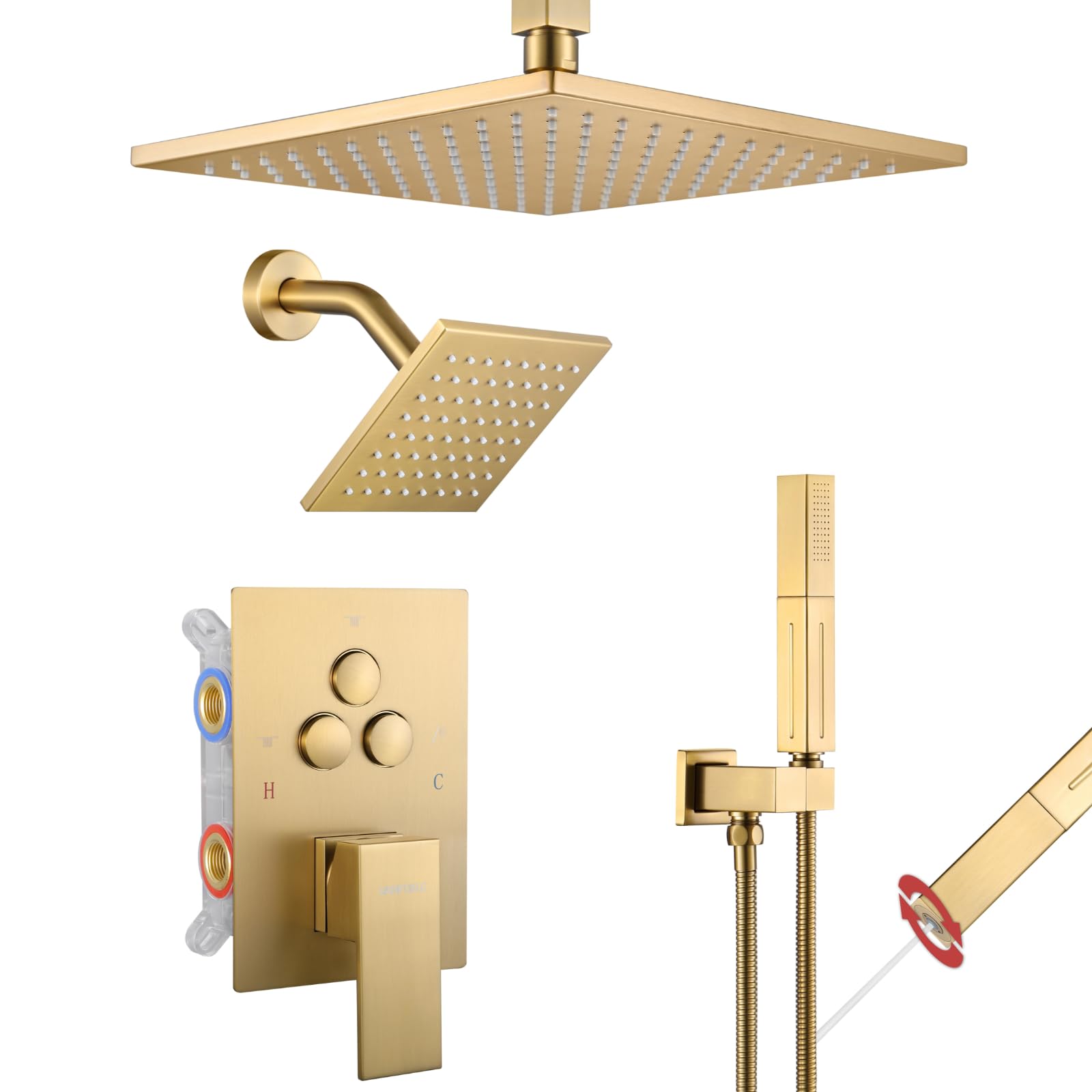 VANFOXLE brushed gold ceiling rainfall head for spa-like immersion.