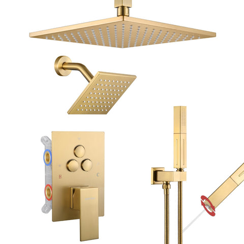 VANFOXLE brushed gold ceiling rainfall head for spa-like immersion.