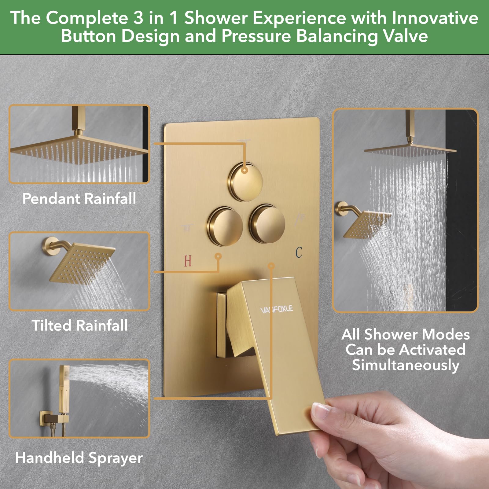 VANFOXLE push-button diverter lets quick mode switching.