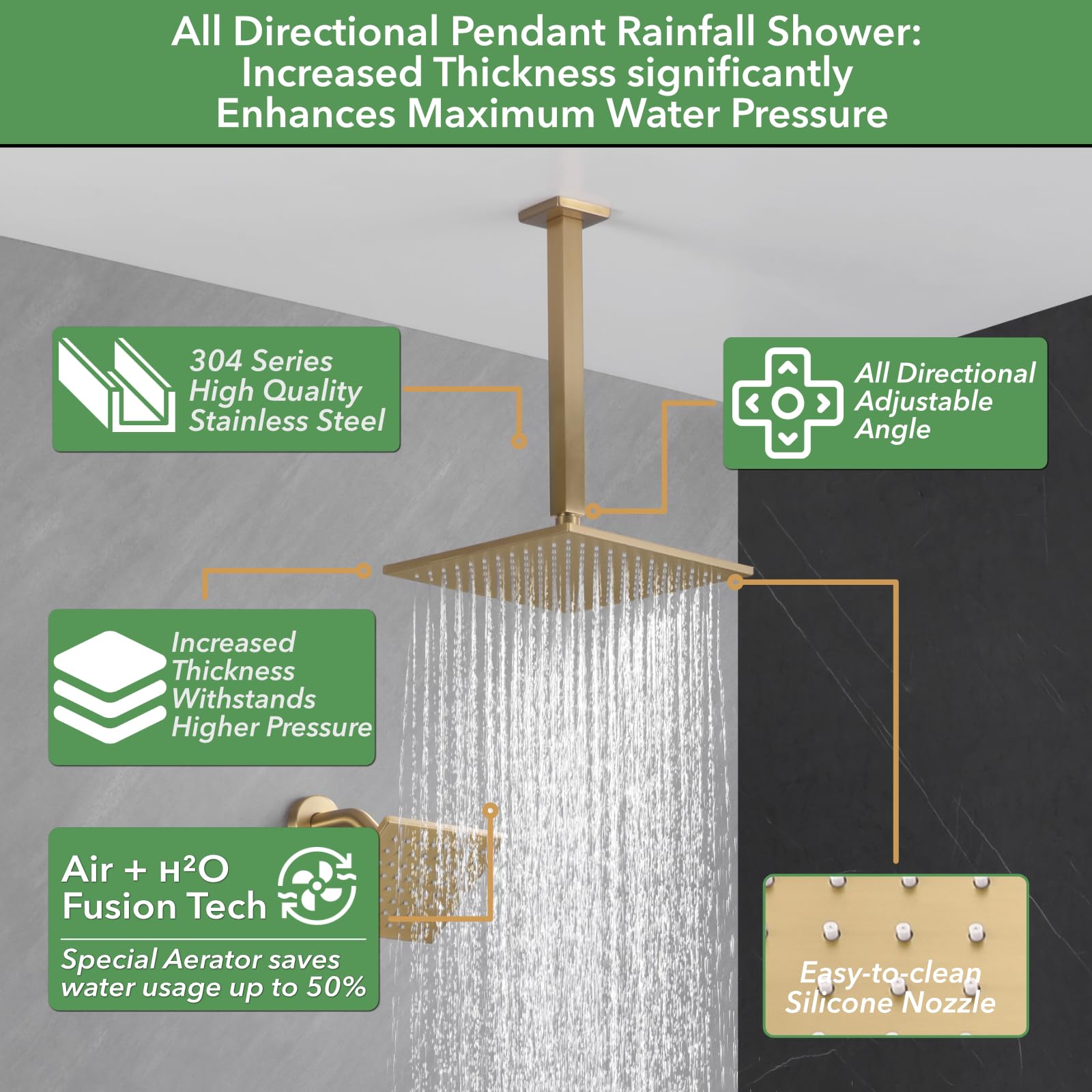 VANFOXLE brushed gold wall-mounted shower head for body rinsing.