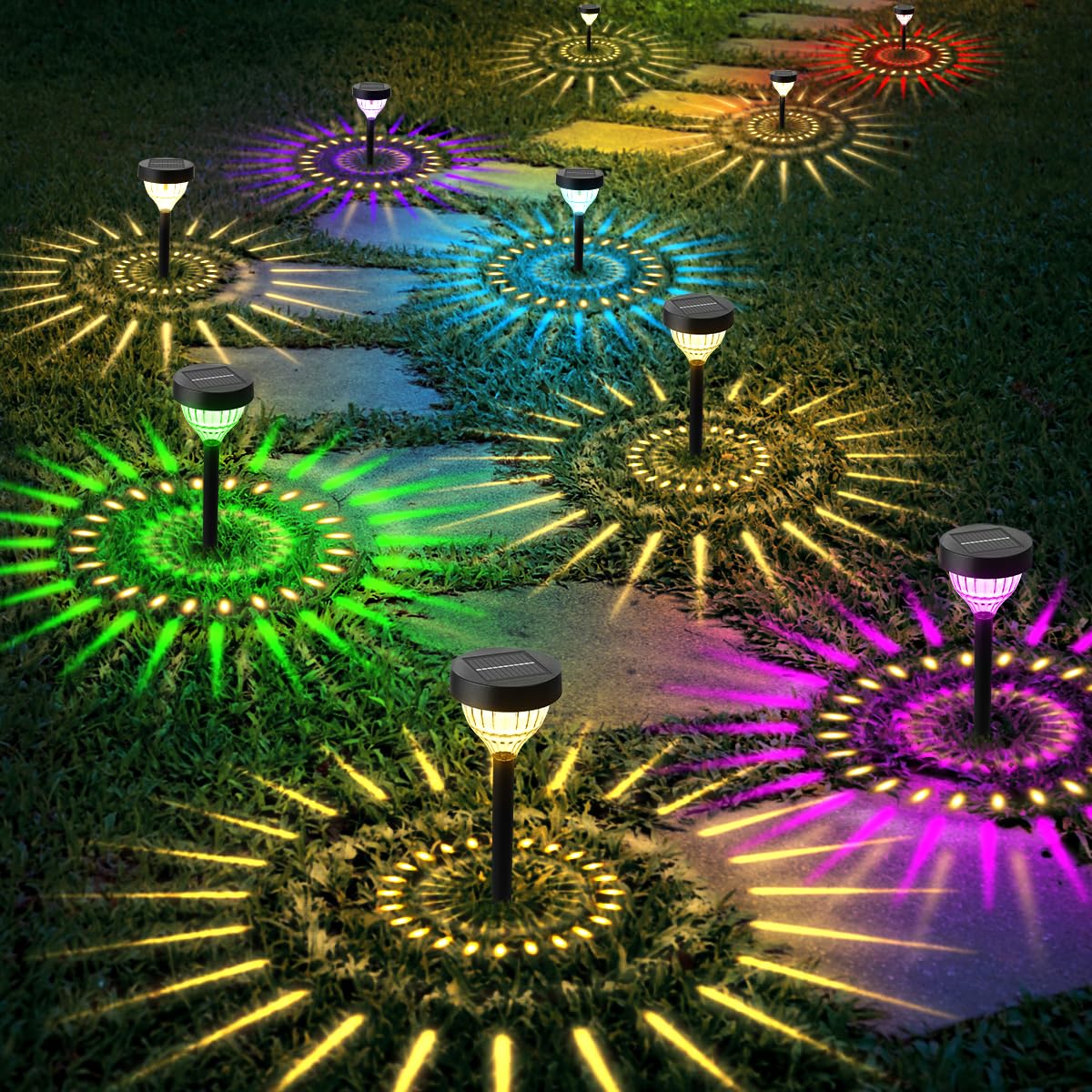Vangue solar light in dynamic running mode adds colorful outdoor accents.