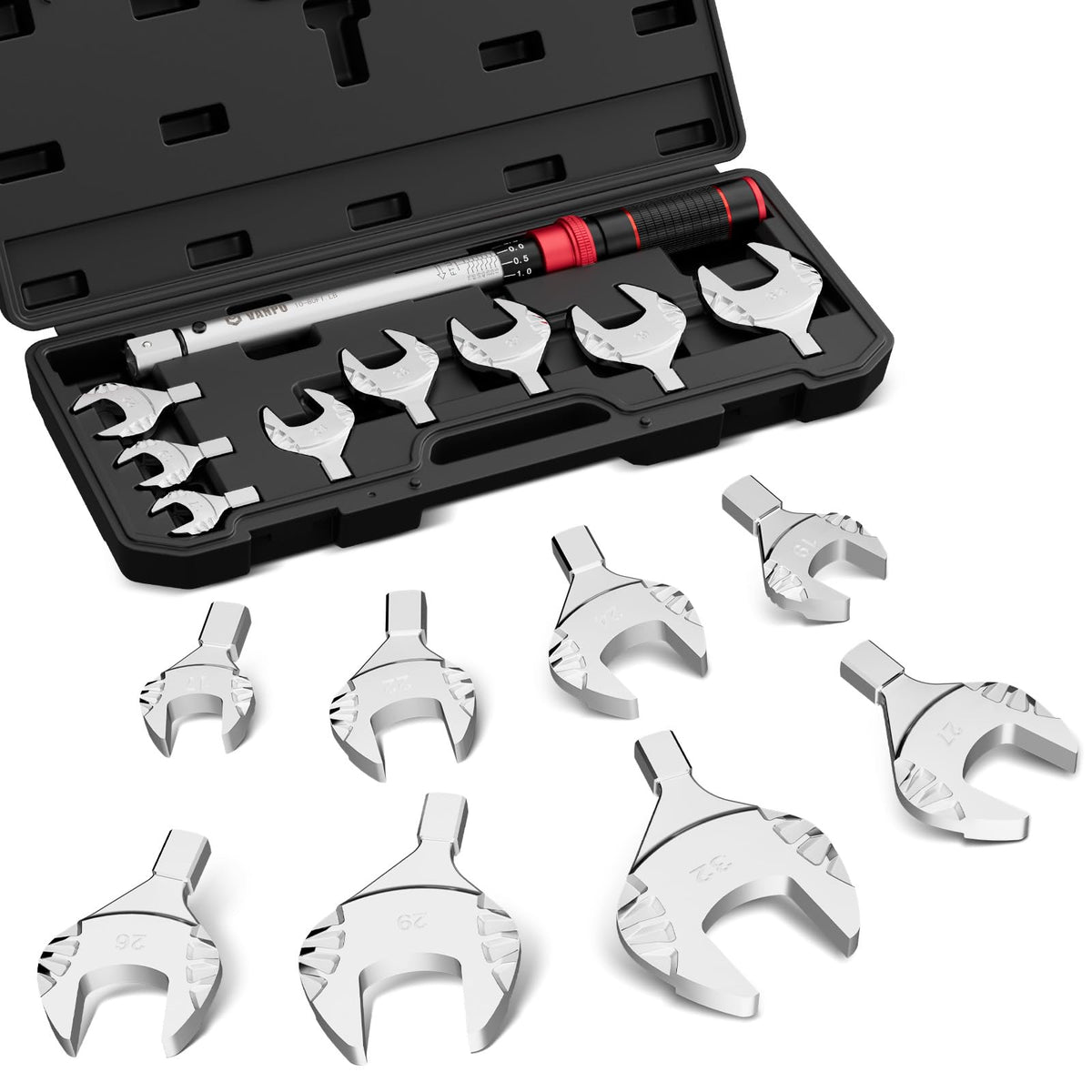 VANPO HVAC torque wrench with 10-80 ft-lb range and 17–32 mm heads for precise flare nut torque