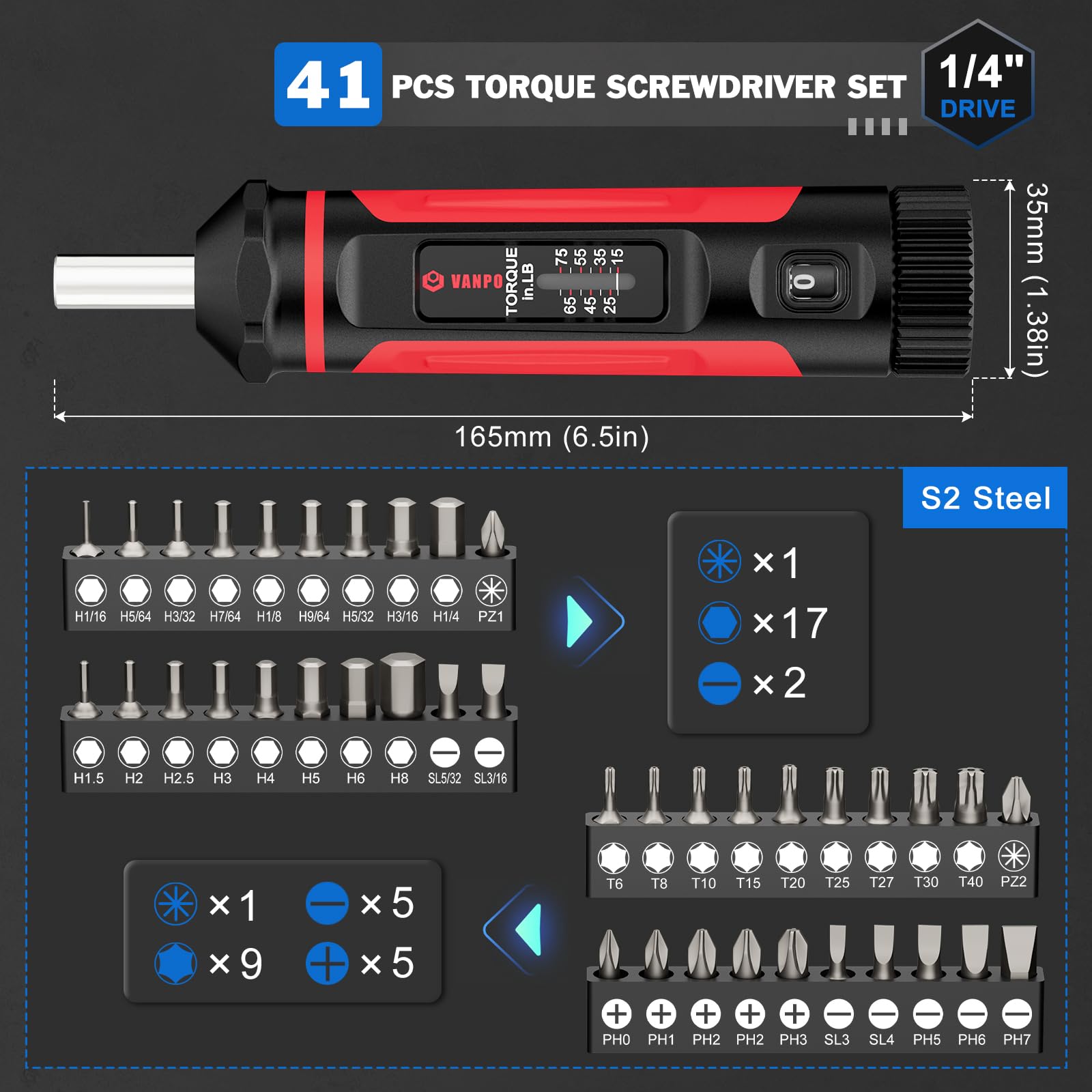 VANPO torque screwdriver showing 1/4-inch drive for standard-bit compatibility