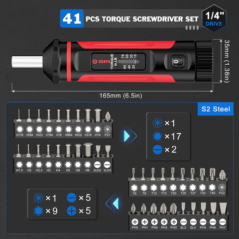VANPO torque screwdriver showing 1/4-inch drive for standard-bit compatibility
